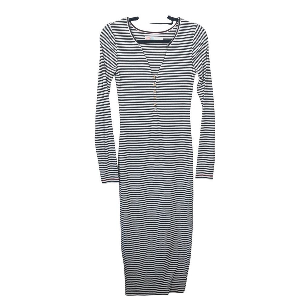 FP Beach Black and White Striped Dress SZ S Long Sleeve V Neck Henley
